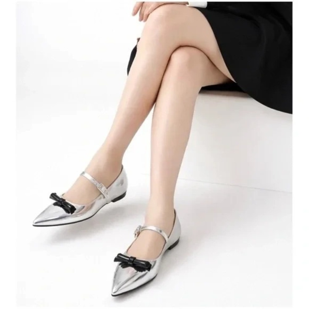 Stuart Weitzman Felicity Mary Jane Bow Women's Flats Shoes Silver US 6.5 $450